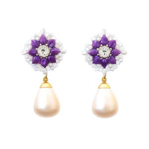 Vintage Gold Plated Kundan Freshwater Pearl Drop Earrings-Purple & White Flower Design for Wedding and Party - Product Image 1