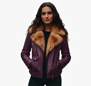 Manufacturer MKB Wholesale Womens Hooded Real Leather <b>Biker</b> <b>Jacket</b> Removable Fleece Hood Casual Motorcycle Outerwear Coat - Product Image 5