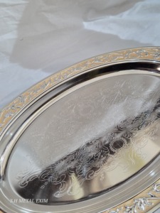Premium Oval Stainless Steel Serving Tray Engraved Decorative <b>Platter</b> with <b>Gold</b> Fluted <b>Rim</b> - Product Image 5