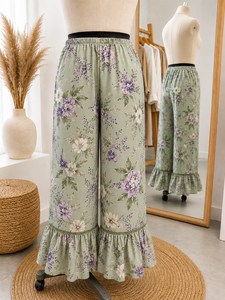 Pantalon Palazzo de Maternité Fleurie d'Été à Jambes Larges avec Ourlet Volanté et Taille Élastique en Coton Bambou pour Tenue Décontractée - Product Image 1
