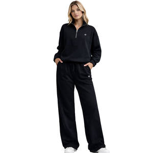 Ensemble sweat-shirt et jogging pour femme, noir, demi-zip, tissu polaire doux, coupe décontractée, vêtements de détente, production en gros OEM - Product Image 1