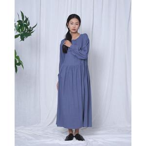 Women Blue Linen Maxi <b>Dress</b> O-Neck Long Sleeve <b>Loose</b> Fit Button Front Solid Color All Seasons Casual <b>Dress</b> - Product Image 3