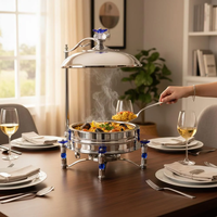 Luxuriöser Edelstahl-Chafing-Dish mit blauem Acryl-Blumendesign, langlebig, antihaftbeschichtet, 36 cm Durchmesser, Buffet-Servierschale für Hotels