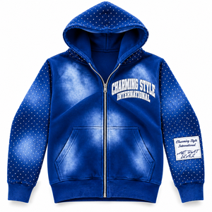 Conjunto de Sudadera con Capucha y Pantalones Cortos de Algodón 100% de Alto Gramaje, Estilo Urbano Unisex, Vintage, Desgastado, Lavado Ácido, con Pedrería - Product Image 3