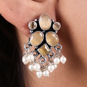 Oxidized <b>Silver</b> Black Stone <b>Dangle</b> <b>Earrings</b> with Pearl Drops Wholesale Bulk | Indian Ethnic ChandBali Style Jewelry | - Product Image 4