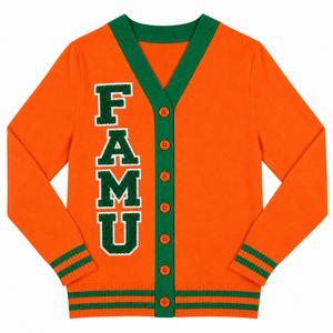 Cardigan universitaire HBCU, col en V, orange, vert, noir, broderie en chenille, couleurs contrastées, cardigan FAMU. - Product Image 6