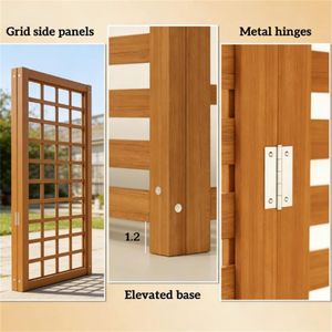 Cancello in legno marrone chiaro con schermo per la privacy, tavolo portavasi, scrivania con contenitore, scaffali a parete - Categoria prodotto - Product Image 3