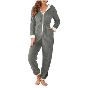 Pijama de Forro Polar con Capucha para Mujer, Manga Larga, Color Sólido, Cierre de Cremallera, Mono Cómodo para Dormir, Ropa de Invierno - Product Image 1