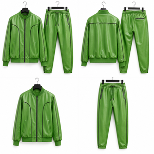 Ensemble veste bomber et pantalon pour homme en cuir PU vert non tissé, coupe sport, coupe-vent, fermeture éclair sur le devant, style décontracté, pour l'automne, coupe classique - Product Image 5