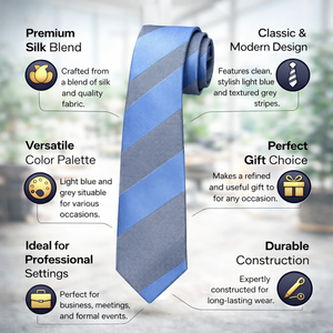 <b>Tie</b> Benon 100% Silk Sky Blue Grey Stripe <b>Tie</b> | Pocket Square <b>Set</b> Paisley Floral Animal Pattern | Formal Wedding | Business Wear. - Product Image 5