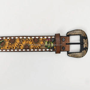2025 New Arrival Best Quality Genuine Western leather tooling <b>belt</b> for unisex with designer floral engraved brass buckle - Product Image 1