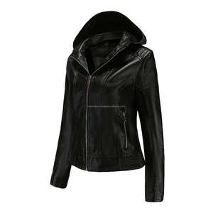 Chaquetas de mujer de cuero negro con capucha largas y elegantes con bolsillos con cremallera y forro Sherpa acogedor transpirable para comodidad y estilo de invierno - Product Image 3