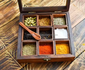 Boîte à épices en bois artisanale avec plusieurs compartiments pour le rangement de la cuisine Organisateur de masala rustique pour épices et herbes - Product Image 3