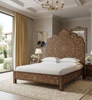 Lit en bois marocain sculpté avec incrustations de os, cadre de lit King Size pour hôtel, appartement, maison