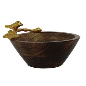 Elegante Tazón de Madera con Asas Metálicas de Pájaro, Utensilios de Cocina de Madera Natural y Metal, Vajilla para Frutos Secos y Dátiles, Craftera Exports - Product Image 1