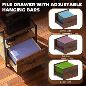 Rustic Brown 67\" PC Desk with <b>Power</b> Outlets LED Lights <b>File</b> Cabinet Fabric Drawers - Product Image 5