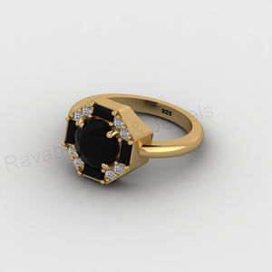 Bague en or 18 carats et argent 925 avec onyx noir en forme de plume, sertie de zircone cubique taille baguette ronde et halo, alliance de mariage, bijoux fins pour femme - Product Image 3