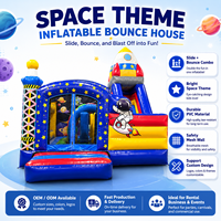 Château gonflable commercial sur le thème de l'espace avec toboggan aquatique et fusée, combo intérieur/extérieur pour enfants, idéal pour la location et les événements