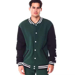 เสื้อแจ็คเก็ตวาร์ซิตี้สีเขียวสำหรับผู้ชาย แขนสีดำ แต่งขอบสีขาว เสื้อคลุมลำลองทรงปกติ ปกเสื้อพับลง ติดกระดุม - Product Image 1