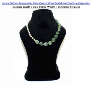 Luxury 18K Gold Plated Natural Aquamarine & Freshwater Pearl Beaded <b>Statement</b> <b>Necklace</b> for Wedding and Party Occasions - Product Image 5