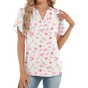 Pretty Monochrome <b>Mini</b> Floral Print Shirts V Neck Short Flutter Sleeve Flowy Daily Work Blouses Women's Chiffon Shirts - Product Image 3