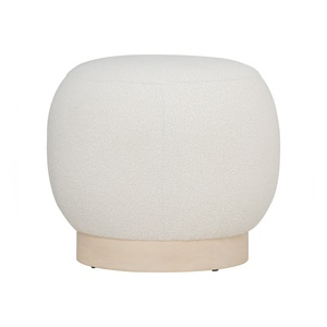 Modern Cream White Fabric <b>Pouf</b> Ottoman with Malaysian Oak Legs Mid Century Minimalist Footstool Living Room - Product Image 1