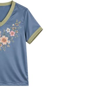 Conjunto de pijama de satén con estampado floral azul acero para mujer, cuello en V, manga corta y pantalones cortos, ropa de dormir suave, personalizada, OEM, ODM. - Product Image 3