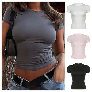 T-shirt à manches courtes pour femme, couleur unie, coupe ajustée, extensible, basique, décontracté - Product Image 6