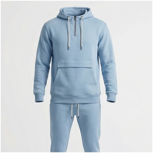 Ensemble de survêtement bleu clair à capuche pour homme, manches longues, couleur unie, décontracté, respirant, coupe régulière, pour l'automne - Product Image 1