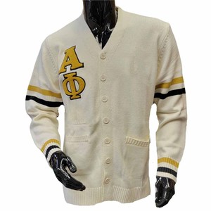 Alpha |   Phi |   Cardigan universitaire Alpha Fraternity - Rayures dorées, lettres brodées, style preppy, pull à manches longues pour femme - Product Image 3