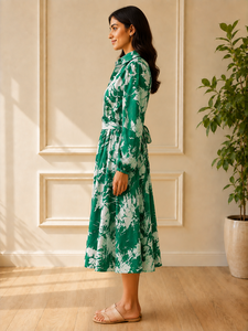 Factory Price <b>Women's</b> Green Printed Shirt Collar Full Sleeves <b>Belted</b> MIDI Dress Casual Daily Wear Clothing Comfortable Wear - Product Image 4