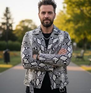 LEATHER SPOT Snakeskin Leather <b>Men's</b> Motorcycle <b>Jacket</b> Plaid Zipper Breathable <b>Summer</b> Casual Style Hooded Polyester Lining - Product Image 4
