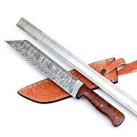 Couteau à lame fixe en acier Damas, pointe tombante, manche en bois, couteau de chasse avec étui en cuir