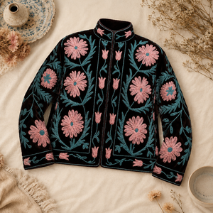 Veste en velours chaud pour femmes, broderie florale Suzani, faite à la main, en coton ethnique, doublée, manches longues, pour le printemps, l'automne et l'hiver - Product Image 5