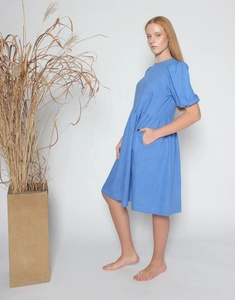 Nouvelle arrivée Robe midi en coton à manches bouffantes, col rond, silhouette en A, écologique, respirante, bleu bleuet, pour femmes, été - Product Image 1