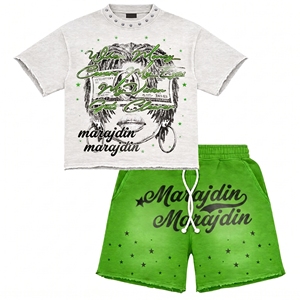 Shorts Crop Top Tshirt & Shorts Set DTG Print Logo Custom Streetwear Hip Hop Cotton Wholesale Tshirt Sets for <b>Men</b> - Product Image 1