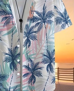 เสื้อเชิ้ตฮาวายชาย แขนสั้น ปกคอพับ ลายต้นปาล์ม ระบายอากาศได้ดี เป็นมิตรกับสิ่งแวดล้อม แห้งเร็ว ผ้าฝ้าย - Product Image 3