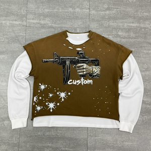 Camiseta de Manga Larga con Estampado DTG Personalizado, Efecto Salpicado, 2 Piezas, Tejido Grueso, Lavado Ácido, Efecto Desgastado por el Sol, Bajo sin Rematar, Textura Waffle - Product Image 1