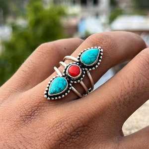 Bague artisanale en argent sterling 925 avec turquoise bleue et corail rouge, pierres multicolores, bijoux fantaisie en pierres précieuses opaques, vente en gros - Product Image 1