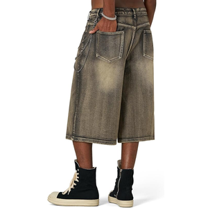 Men's High <b>Waist</b> Washed Denim Capri Shorts Street Style With <b>Chain</b> Decoration Black Cotton Canvas - Product Image 4
