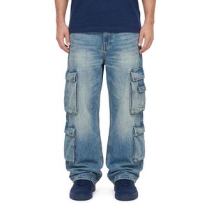 Soft Breathable Twill Cotton Denim Cargos Light Indigo Flap Utility Pockets Industrial Stitching Loose Waist Denim <b>Jeans</b> - Product Image 2