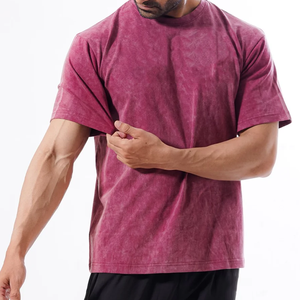 T-shirt en coton à manches courtes pour homme, couleur unie, effet délavé, col rond, coupe classique, tricot jersey décontracté, vente en gros - Product Image 4