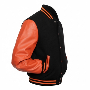 Wholesale Custom Men's Wool Black Orange Casual Varsity <b>Jacket</b> Stand Collar Logo Embroidery High Quality <b>Winter</b> <b>Leather</b> <b>Jacket</b> - Product Image 4