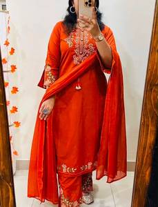Yellow Embroidered <b>Women</b> <b>Suit</b> Set <b>3</b> <b>Piece</b> Kurta Palazzo Dupatta Salwar Kameez Outfit for Party Wedding - Product Image 4