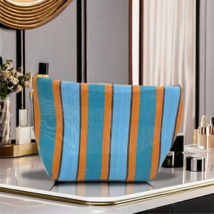 Trendy Fashionable <b>Large</b> Striped Cosmetic <b>Bag</b> for Women Recycled Plastic with Zipper Closure Casual Elegant Customizable Size - Product Image 1