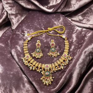 Vintage Finish Gold Brass Enamel Inlay Women's Trendy Indian <b>Statement</b> <b>Necklace</b> Earring Set Engagement Wedding Anniversary Party - Product Image 1