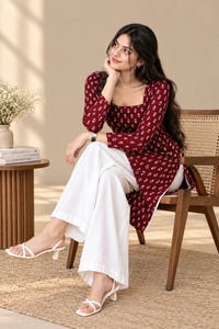 Block Print Handmade Kurti | Square Neck | Full Sleeve | Brown type | Stylish Ethnic <b>Top</b> | Short Kurti for Women - Product Image 5
