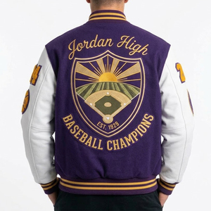 Wholesale Custom High Quality <b>Winter</b> Purple White Letterman Varsity Jacket <b>Men</b> Embroidered Baseball Jacket Autumn Sporty <b>Coats</b> - Product Image 2