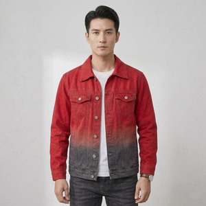 เสื้อแจ็คเก็ตยีนส์ผู้ชายสีแดงไล่เฉด คอปกพับได้ ย้อมสีแบบ Dip Dye ผ้าฝ้าย สไตล์ลำลอง ทรงปกติ กระดุมแถวเดียว สำหรับฤดูใบไม้ร่วง - Product Image 1