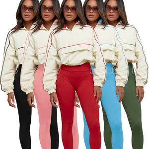 Ensemble de survêtement sportif pour femme : crop top, leggings, manches longues, demi-zip, cordon de serrage, couleur unie, léger, idéal pour le printemps - Product Image 1